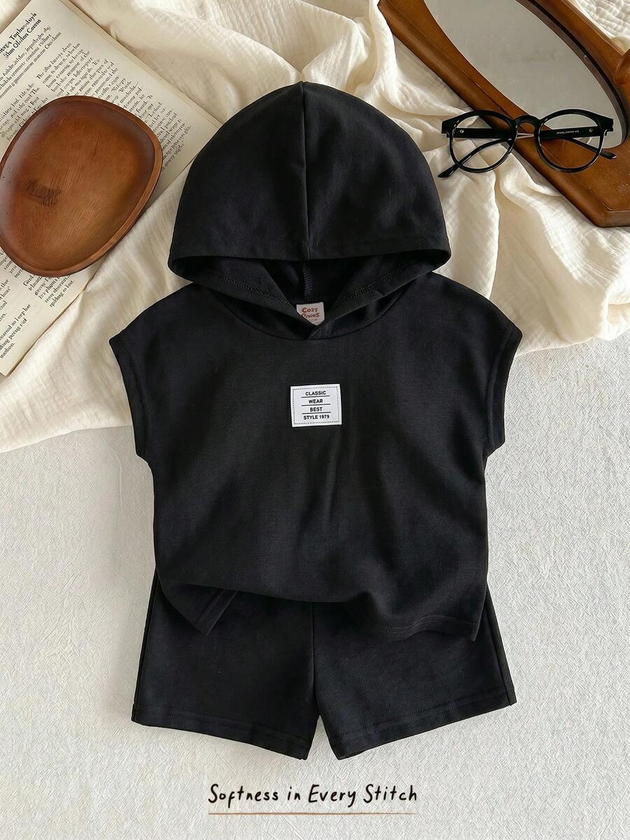 Cozy Pixies 兒童嬰幼兒男/女童 2件組連帽T恤與寬鬆短褲,黑色,柔軟針織面料,休閒舒適百搭,適合外出、居家、上學及其他場合 - 黑色 - 查看 1