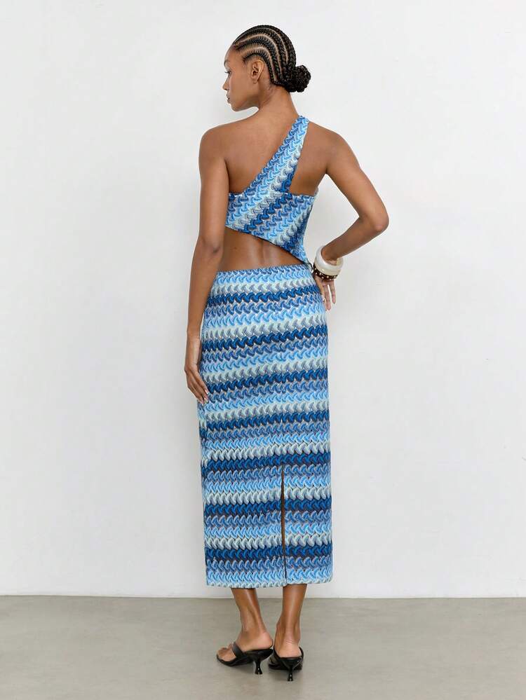 SHEIN Maija Women's Light Blue And White Sleeveless Cutout Design Dress, Beach Vacation Outfits,Beach Dress,Dresses For Holiday Summer Boho