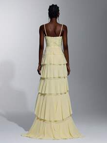 Elitara Elegant, Minimalist, Fashionable Ombre Lace Patchwork Chiffon Spaghetti Strap Multi-Tiered Maxi Formal Evening Gown For Women - Pale Yellow - View 4