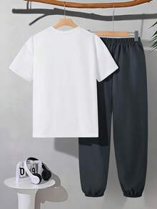 Coolqubz 2pcs Teenager Spring/Summer Casual Round Neck Graphic Tee And Drawstring Pants Set, Comfortable Fabric Suitable For Daily, Commuting, Outdoor Wear - White - View 2