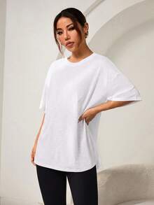 SHEIN Sports 休閒百搭大尺碼白色側開衩短袖運動T恤 - 白色 - 查看 4