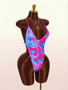 Amplova Maillot de bain une pièce à col en V et dos nu imprimé pour femmes, sexy et avant-gardiste, convient pour les vacances, mini maillot de bain mignon, teinture tie-dye couleur vive - Multicolore - Voir 6