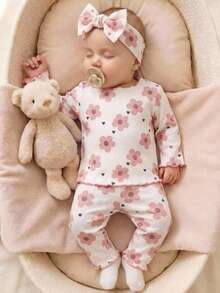 SHEIN Light Pink Cute Newborn Baby Girl Floral Print Ribbed Pajama Set With Matching Headband,Soft Infant Autumn Sleepwear,Family Matching Spring Clothing - Pink - View 1