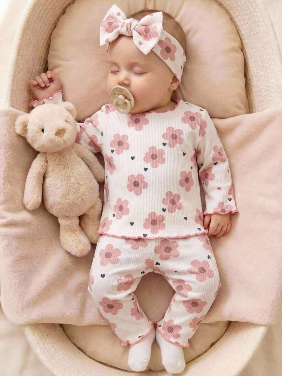 SHEIN Light Pink Cute Newborn Baby Girl Floral Print Ribbed Pajama Set With Matching Headband,Soft Infant Autumn Sleepwear,Family Matching Spring Clothing - Pink - View 1