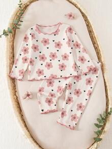 SHEIN Light Pink Cute Newborn Baby Girl Floral Print Ribbed Pajama Set With Matching Headband,Soft Infant Autumn Sleepwear,Family Matching Spring Clothing - Pink - View 5