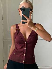 DAZY Áo tank top nữ màu trơn cổ chữ V không tay, chất liệu dệt kim mỏng, thanh lịch, thích hợp cho mùa hè. - Đỏ - Xem 4
