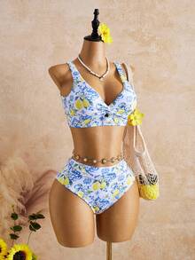 Swim Vcay 26SS 女款春夏海灘度假 BOHO 波希米亞風檸檬印花細緻紋理面料吊帶比基尼上衣 & 舒適高腰三角泳褲，適合外出、海灘、下午茶、野餐、派對、日常穿著、休閒 - 彩色 - 查看 6