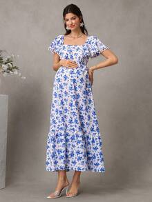 GentleRue Maternity Đầm cho con bú tay ngắn xếp bèo, viền hoa tua rua, khóa kéo phía trước và bên hông, đầm chữ A màu trắng có viền xếp bèo. - Xanh và trắng - Xem 3