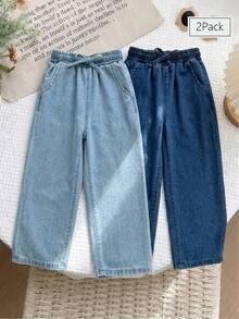 Young Girl Plain Pocket Twist Casual Loose Denim Jeans - Multicolor - View 3