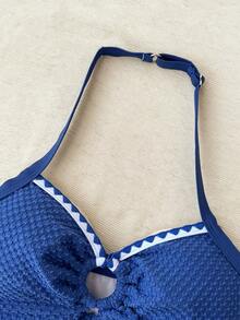 SHEIN Teen Girls' Cute Tankini Top,Knit Texture Shell Trim Halter Neck Metal Ring Decor Swimwear Set,Children Swimming Suit For Summer Holiday Beach Wear - Navy Blue - View 4