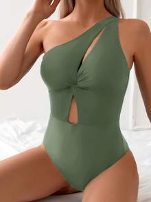 Swim Basics Women's Solid Color Cutout One-Piece Swimsuit For Vacation - Green - View 3
