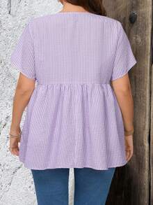 EMERY ROSE Plus Size Striped Print Round Neck Casual Short Sleeve Tunic Tops Dressy Blouses , Suitable For Summer - Purple - View 2