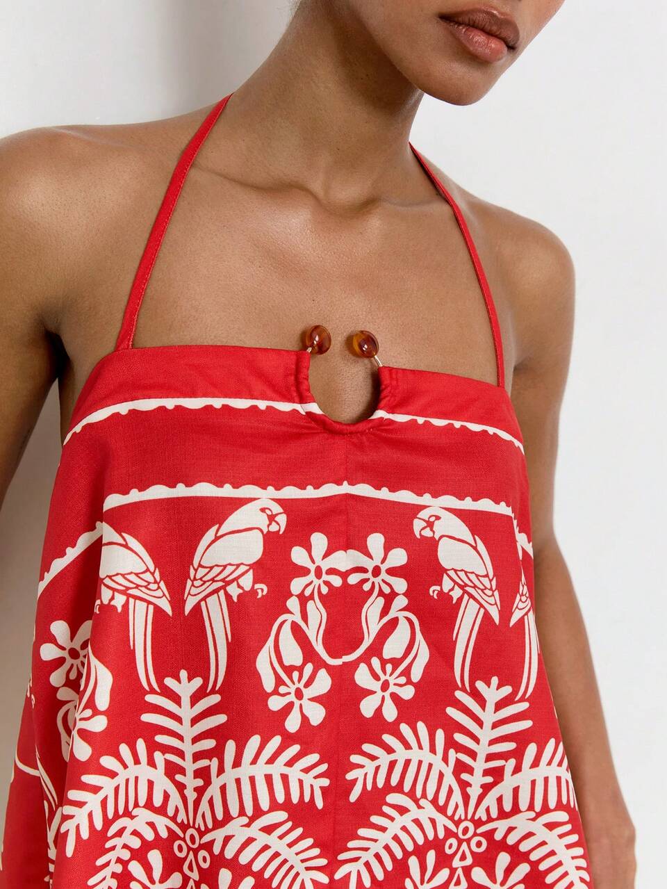 SHEIN Maija Red And White Palm Tree Print Summer Women's Sleeveless Halter Neck Tie Strap Loose Casual Tropical Boho Comfortable Beach Vacation Tank Top