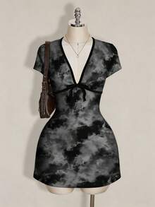 SHEIN ICON Plus Size Women Bowknot Decor Tie-Dye Print Short Sleeve Fashionable Dress - Multicolor - View 3