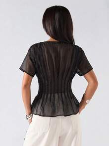 SHEIN EZwear 大码纯色系带领褶皱休闲日常短袖衬衫，春夏款 - 黑色 - 查看 2