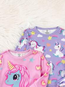SHEIN 4件套女婴针织可爱独角兽图案圆领T恤和打底裤家居服套装 - 彩色 - 查看 6
