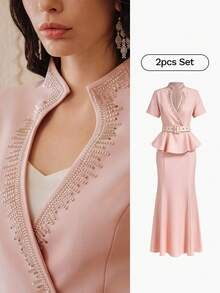 ZEYLAH Spring/Summer Beaded Lapel Short Sleeve Jacket & Mermaid Hem Skirt Elegant 2 Pieces Set - Pink - View 7