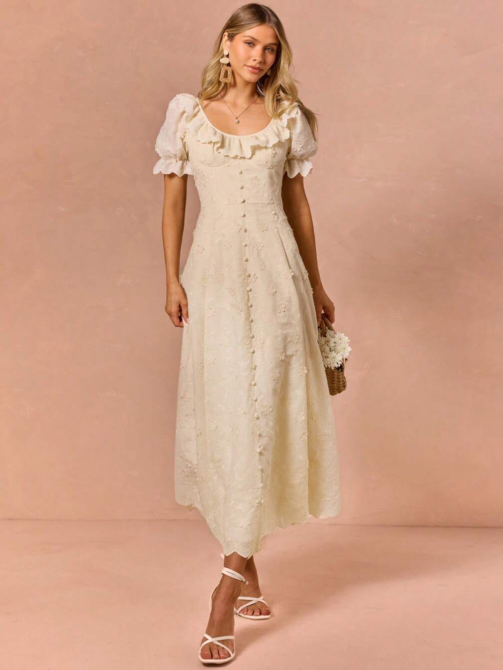 Enchnt Women's Elegant Cottagecore French Sequin Cream White Summer Modest Picnic Vacation Date Dress, Scoop Neck Ruffle Hem Loose Fit Beach Outfits, Chic｜Motf