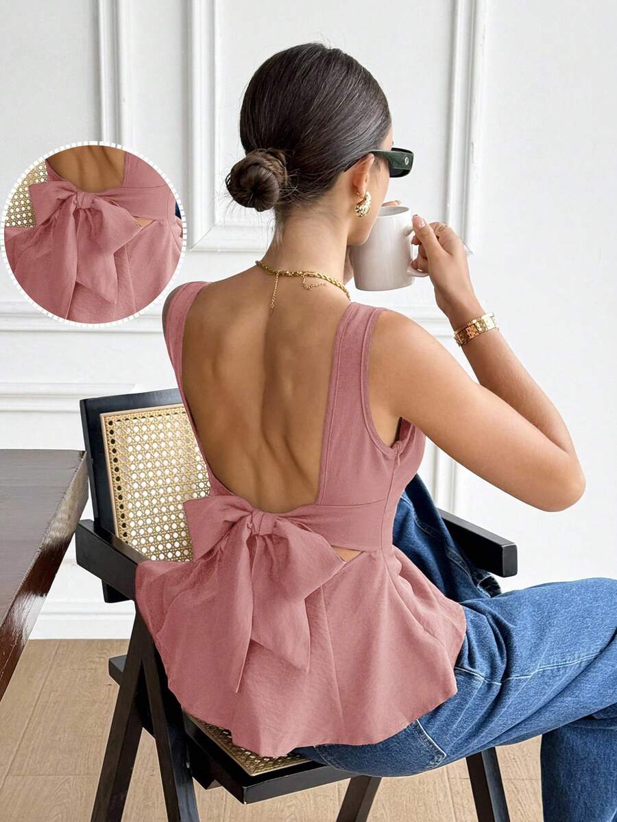 Serisse Women's Solid Color Backless Tie Knot Sleeveless Shirt - Dusty Pink - View 1