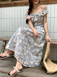 DAZY 女士印花拼接荷叶边下摆优雅连衣裙，适合夏季度假穿着 - 藍色 - 查看 8