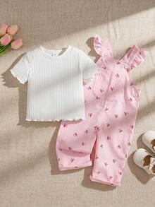 SHEIN 2 pezzi Outfit casual e alla moda per bambine, stile coreano minimalista, include: Maglietta a girocollo a costine bianca a maniche corte + Pantaloni salopette con stampa a farfalla a righe rosa in tessuto tessuto, adatto per uscite quotidiane estive, scuola, shopping, viaggi, picnic, parchi divertimento e altre occasioni - Rosa - Visualizzare 3