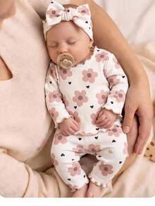 SHEIN Light Pink Cute Newborn Baby Girl Floral Print Ribbed Pajama Set With Matching Headband,Soft Infant Autumn Sleepwear,Family Matching Spring Clothing - Pink - View 2