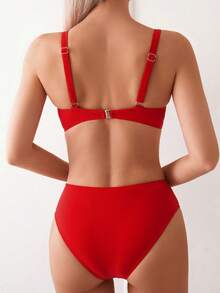 Swim Chiccia 女款素色簡約日常穿搭掛脖式泳衣套裝 - 紅色 - 查看 2