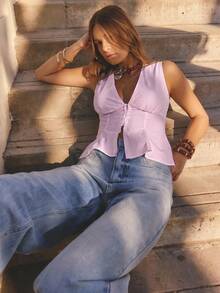 Aralina Winter / Summer Sleeveless Peplum Hem Shirt Suitable For Work Or The Office - Pink - View 10