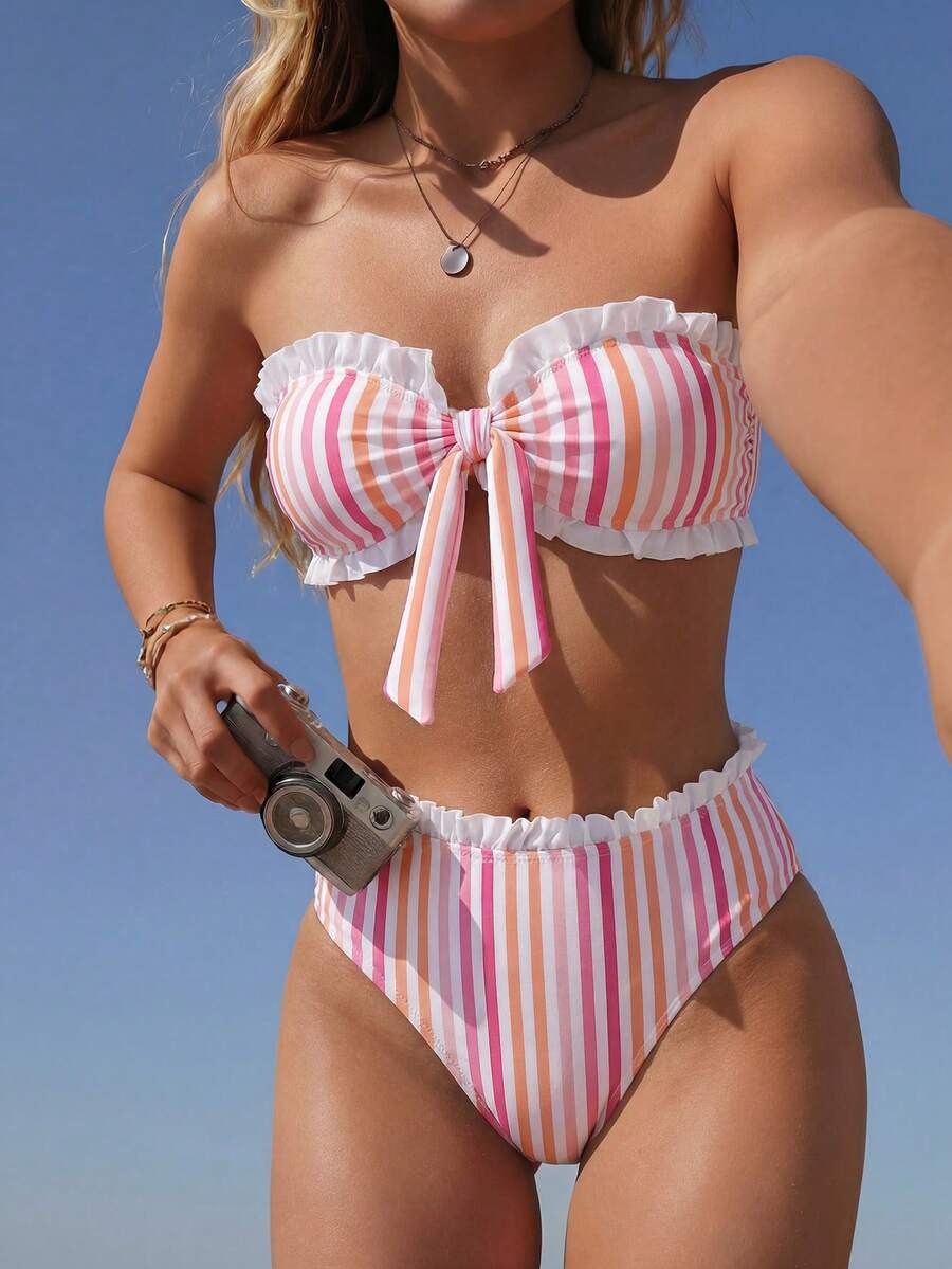 Swim Mod Spring/Summer Beach Vacation Striped Print 2 Pieces Set, Ruched Neckline, Ruffled Hem Pants - Multicolor - View 1