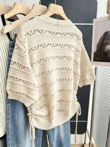 Franclia Casual Loose Round Neck Short Sleeve Hollow Knit Side Drawstring Design Red Women's Knit Top, Spring/Summer - Apricot - View 2