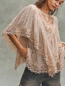 Bohemela Women's Casual Sexy Solid Color Knit Contrast Lace Ruffle Hem Loose T-Shirt Golf Pastal - Apricot - View 5