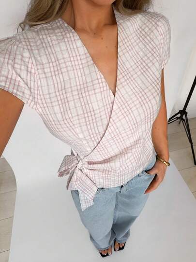 StreetHx Women's Plaid Print V-Neck Wrap Tie Front Short Sleeve Blouse, Summer