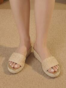 Styleloop Giày nữ, màu nâu, giày rơm đan bằng dây gai dầu, sandal đế xuồng, giày giúp tăng chiều cao, phong cách bohemian cho kỳ nghỉ. - Màu be - Xem 3