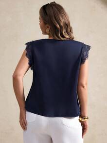 Elegantrix Plus Size Women's Elegant V-Neck Lace Trim Asymmetric Hem Blouse, Suitable For Daily And Office Wear, Spring/Summer - Navy Blue - View 4