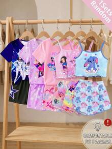 SHEIN 2pcs/Set Young Girl Knitted Camisole Top With Cute Girl Pattern & Shorts, Casual Style - Multicolor - View 4