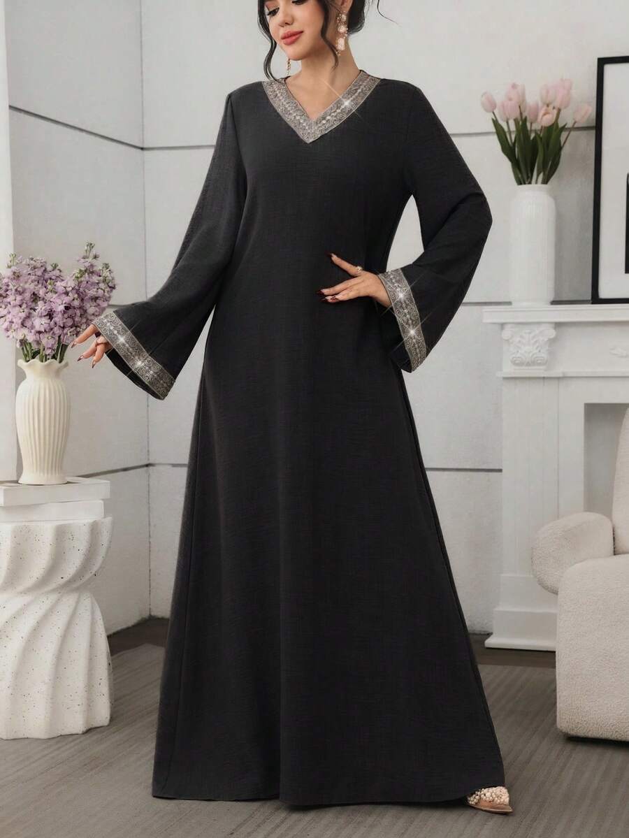 Al Najma Solid Color V-Neck Loose Long Sleeve Elegant Ribbon Decor Everyday Dress - Black - View 1