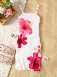 SHEIN 年轻女孩夏季海滩度假修身休闲舒适碎花吊带连衣裙，柔软舒适，波西米亚风，音乐节 - 白色 - 查看 6