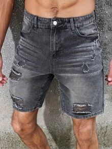 Manfinity LEGND Celana Pendek Denim Pria Ukuran Besar dengan Desain Lusuh, Gaya Streetwear Amerika Grunge, Petualangan, Abu-abu Gelap, Musim Panas, Liburan - Hitam - View 3