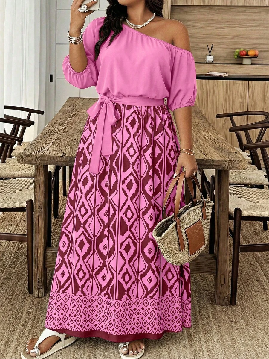 Weeklong Plus Size Rhombus Print Asymmetric Neck Twist Short Sleeve Dress - Multicolor - View 1