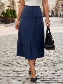 GlowEve CURVE Plus Size Women's Short Skirt, Front Center Button Closure, Elastic Waistband, Back Center Zipper Fall - Navy Blue - View 7