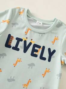 SHEIN 2pcs Baby Boy Casual Simple T-Shirt Set Suitable For Summer, Classic Cute Hand-Drawn Fairy Tale Animal World Pattern Print, Giraffe Pattern Print - Multicolor - View 5