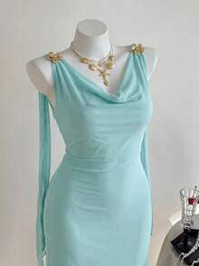 Comfortcana Gaun Tanpa Lengan Model Halter dengan Dekorasi Logam Elegan Ukuran Plus untuk Musim Panas - Mint Blue - View 3