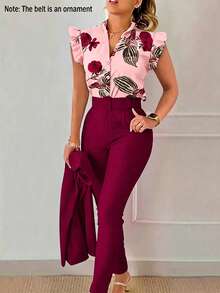 EMERY ROSE Women Floral Print Top And Solid Color Pants 2 Pieces Set (Belt Is Decorative) - Multicolor - View 6