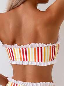 Swim Mod Spring/Summer Beach Vacation Striped Print Ruched Sweetheart Neck Crop Top And Ruffle Waist Triangle Bikini 2-Piece Swimwear Set - Multicolor - View 5