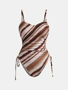Maija Women's Spaghetti Strap Summer Sleeveless Striped Drawstring One-Piece Beachwear - Brown - View 7