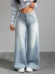 SHEIN CURVE+ 大尺碼女款高腰淺色水洗寬腿牛仔褲，休閒日常與夏季街頭風女褲 - 淺色水洗藍 - 查看 4
