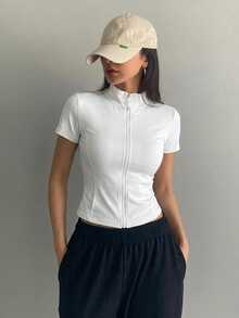 DAZY Teen Girl Plain Collar Zip-Up Short Sleeve Jacket, Fitted Basic Top, Casual Autumn Outerwear - White - View 5