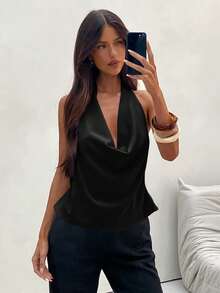 Aloruh Women's Elegant Commuter Halter Backless Satin Solid Color Blouse - Black - View 6