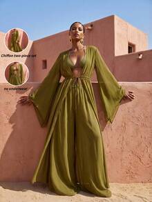 Zivah Women's Casual Beach Vacation Brown Robe Coverup & Wide Leg Pants Set, V-Neck Adjustable Waist Tie Robe Coverup & Palazzo Pants 2-Piece Set - Army Green - View 2