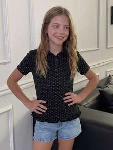 DAZY Camiseta de manga corta con botones y estampado de lunares de moda para niña preadolescente - Negro - Ver 3